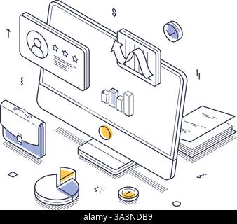 Isometric line art illustration showing various elements of online business. Analytics charts, user profiles, and financial icons, representing digita Stock Vector
