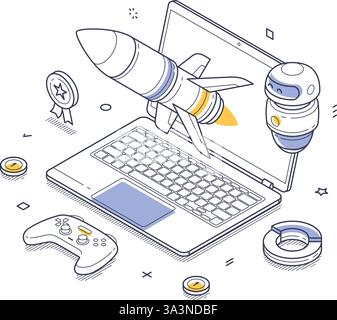 Isometric line art design showcases a laptop with rockets emerging from the screen, alongside a game controller and other gaming elements, highlightin Stock Vector