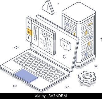 Isometric line art illustrates a laptop and server during a maintenance task. The design features alert icons and configuration elements to represent Stock Vector