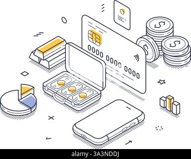 Line art illustration showcases various online deposit elements. It features a mobile device, cards, coins, and charts, highlighting digital transacti Stock Vector