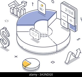 Various elements of business statistics are showcased in an isometric line art style. These include pie charts, graphs, and financial symbols. Vector Stock Vector