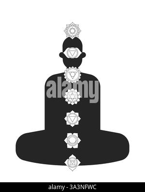 Chakra alignment on meditating human silhouette 2D line object Stock Vector