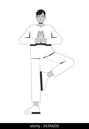 Indian man practicing tree pose in yoga 2D line character Stock Vector