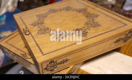 ready-made handmade furniture, boxes, chairs, chessboard, backgammon. High quality photo Stock Photo