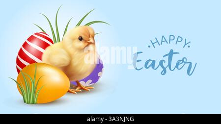 Easter chick with decorated eggs on background Stock Vector
