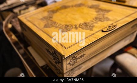 ready-made handmade furniture, boxes, chairs, chessboard, backgammon. High quality photo Stock Photo