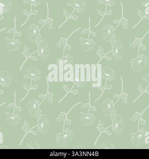 Flowers on soft green background, pattern of contour drawings of flowers, possibly poppies. Textile. Vector illustration Stock Vector