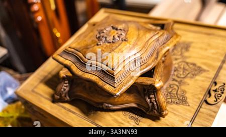 ready-made handmade furniture, boxes, chairs, chessboard, backgammon. High quality photo Stock Photo