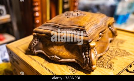 ready-made handmade furniture, boxes, chairs, chessboard, backgammon. High quality photo Stock Photo