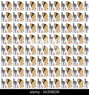lion, zebra with fruit as a pattern background Stock Vector