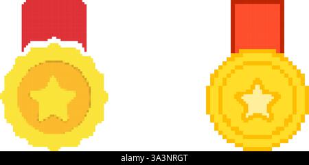 Golden Star Medal Pixelated Icon. Pixel Art Symbol Of Award Medals With ...