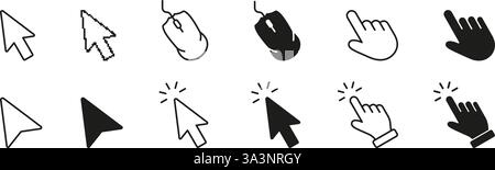 Arrow Cursor And Click Hand Line And Solid Icon Set. Pointing Device Symbols And Mouse Click Gesture Symbol Collection. Isolated Vector Illustration Stock Vector