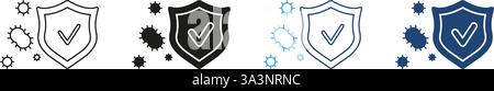 Protection from Virus and Health Safety Line and Silhouette Icon Set. Shield with Check Mark and Virus Particles. Immune Defense and Health Protection Stock Vector