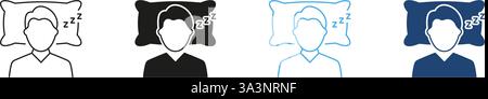Man Sleeping On Pillow Line and Silhouette Icon Set Indicating Sleep Hygiene And Bedtime Routine. Health And Rest Outline and Solid Symbol. Editable Stock Vector