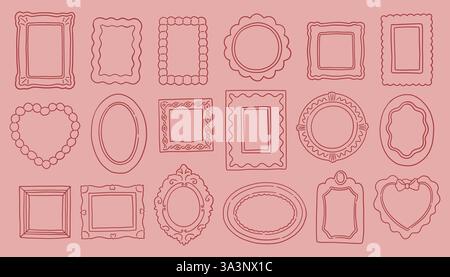 Whimsy picture frame set. Collection of various picture frame designs on a pink background. Outline in red color, different styles and sizes Stock Vector
