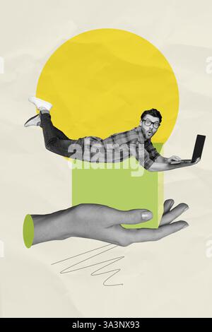 Picture abstract collage of young man lying on cube using device gadget on yellow green color background Stock Photo