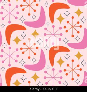 Mid Century Modern Boomerang seamless pattern with atomic starbursts in orange, red, pink on white background. For home decor, textile, wallpaper and Stock Vector