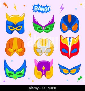 Superhero masks. Comic book logos, sticker set. Cartoon fun superhero helmet photo props, women and men masks, carnival heroic mask. Stock Vector