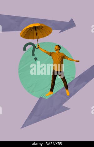 Vertical zine image artwork collage of excited man hold umbrella rain arrow pointer question mark dilemma solution direction Stock Photo