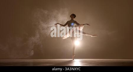 Dancer poised in elegant arabesque, golden mist rising around glowing silhouette, soft light enhancing classical beauty. Stock Photo