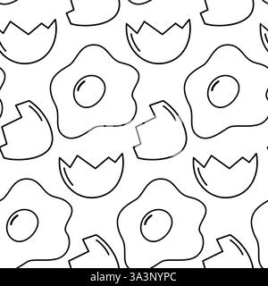 Outline Hand drawn Fried eggs with yolk Cracked eggshell Seamless pattern. Culinary Background idea. Isolated Vector concept Wrapping Wallpaper Thematic, greeting recipe cards or web promo banner, tag Stock Vector