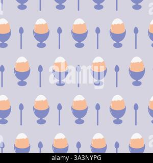 Partially peeled hard boiled egg Egg bowl Spoon Seamless pattern in trendy soft blue Breakfast fond. Isolated Vector illustration Wallpaper Wrapping Thematic Cards, poster or web promo banner, leaflet Stock Vector