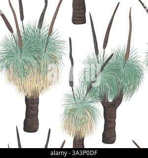 Xanthorrhoea tree with flowers seamless pattern. The Grass tree in blossom, native Australian endemic flora. Vector illustration Stock Vector