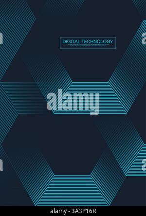 Digital futuristic technology concept with hexagons. Digital hexagonal blue abstract background. Geometric vertical stripe line art design for poster Stock Vector