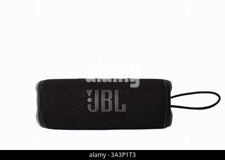Close up of a portable speaker JBL Charge Flip 6 isolated on white background. JBL Sound system with Bluetooth. Nobody, illustrative editorial-March 1 Stock Photo
