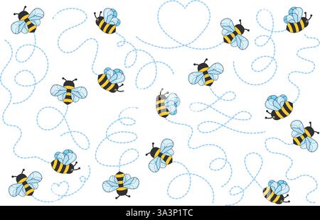 Bees flying path. Cartoon bee fly dotted line route, bumblebee wasp hornet honeybee flight track buzz bug baby animal insect fly to honey or flower, set neat vector illustration original artwork Stock Vector
