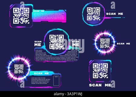 Qr code stickers. Qrcode sticker hud digital cyberpunk design, scan me codes square symbol smartphone id card barcode phone scanning screen frame for pay buy vector illustration original artwork Stock Vector