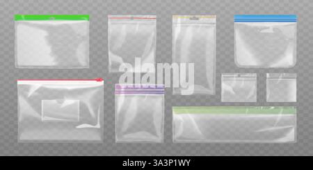 Realistic ziplock bags. Zip lock bag isolated clear pvc plastic case, small pack with zipper food packaging or evidence, transparent pouch pocket purse exact vector illustration original artwork Stock Vector