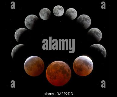 Total Lunar Blood Moon Eclipse phases March 13-14, 2025 over Ottawa, Canada Stock Photo