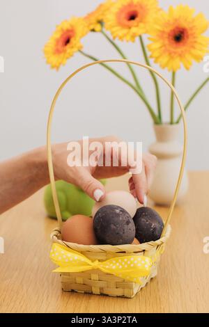 A woman takes an Easter egg from a wicker basket. Happy Easter. Stock Photo