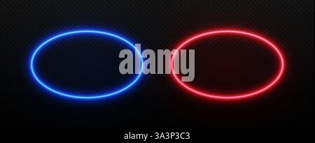Neon light oval frame. Ellipse border with led glow. Vector fluorescent laser effect in blue and red color. Stock Vector