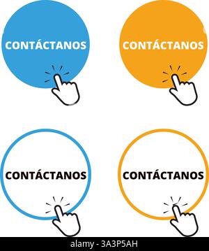 Blue and orange contactanos round button with a hand clicking on a white background (trad. contact us) Stock Vector