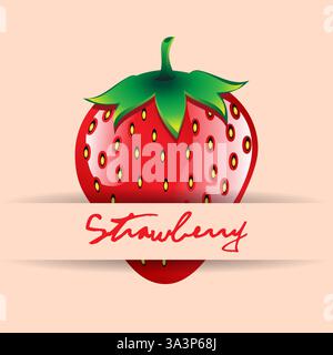 Red strawberry fruit peach background with name on strip Stock Vector
