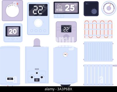 Thermostat and heating systems. House electric and gas radiators, boilers. Isolated smart thermostats devices for comfortable temperature, racy vector Stock Vector