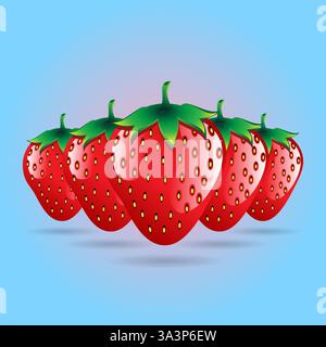 Red strawberries with shadow on blue gradient background Stock Vector