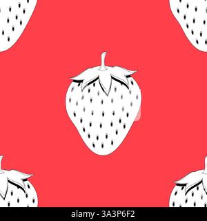 2d lined strawberry fruit seamless pattern on pink background Stock Vector