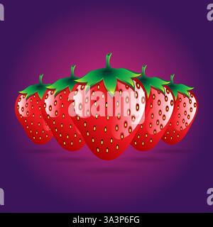 Red strawberries with shadow on purple gradient background Stock Vector