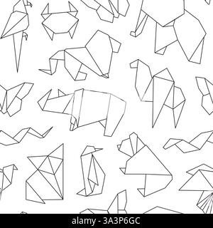 Line animal seamless pattern. Origami style, japanese art elements. Outline animals, fabric wallpaper wrapping print design. Racy vector background Stock Vector