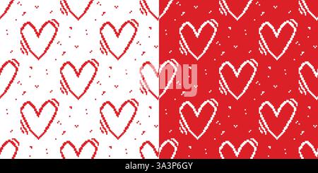 Seamless pattern set with red hearts pixel art. Mosaic love symbol background. Game elements romantic modern pixelation print, vector graphics Stock Vector