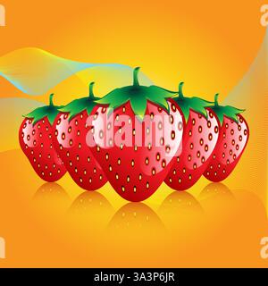 Set of five red strawberries pattern on bokah gradient on waves orange background 3d shadow. Stock Vector
