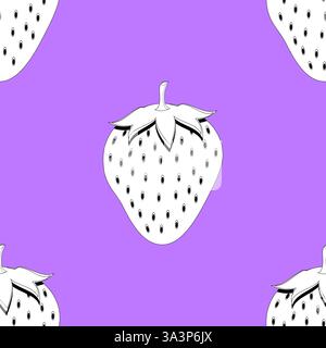 2d lined strawberry fruit seamless pattern on purple background Stock Vector