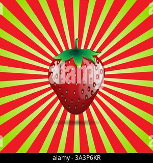 Strawberry fruit seamless pattern on light red and light green sunburst background Stock Vector
