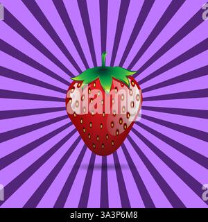 Strawberry fruit seamless pattern on light purple black sunburst background Stock Vector