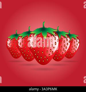 Red strawberries with shadow on red glowing gradient background Stock Vector