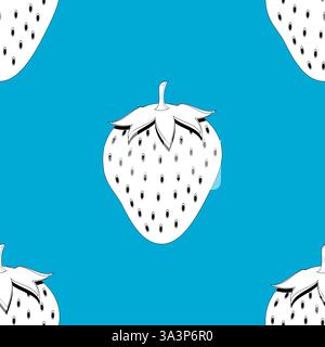 2d lined strawberry fruit seamless pattern on blue background Stock Vector