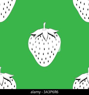 2d lined strawberry fruit seamless pattern on green background Stock Vector